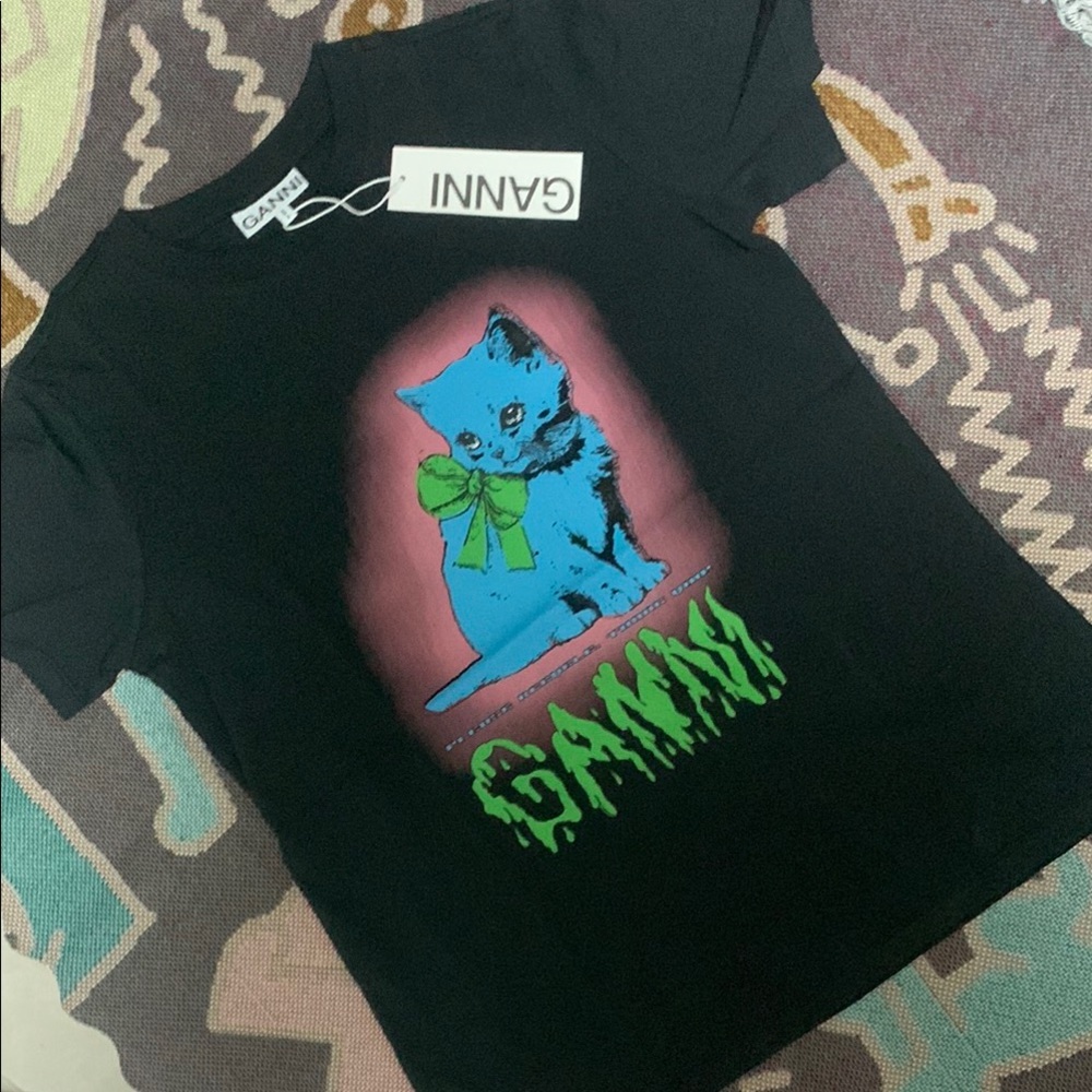 Ganni Black Tee with Blue Cat and Neon Green Bow
